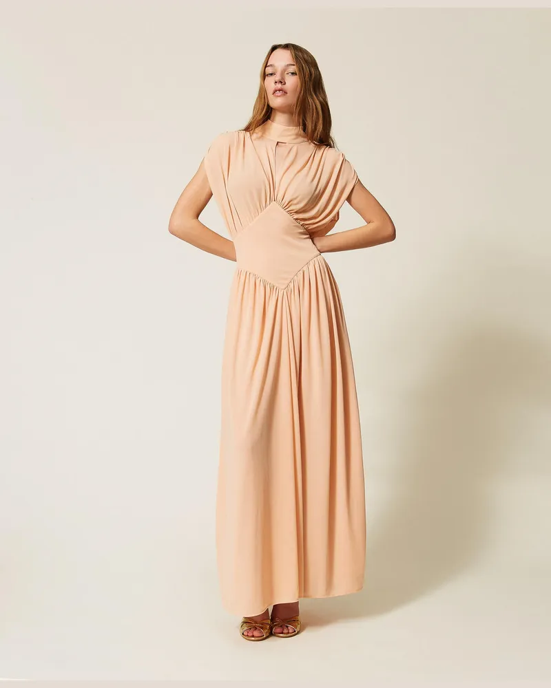Twin-Set Kleider - Langes Kleid mit Raffung, "Candy Peach"Rosa, Jersey, Größe Candy
