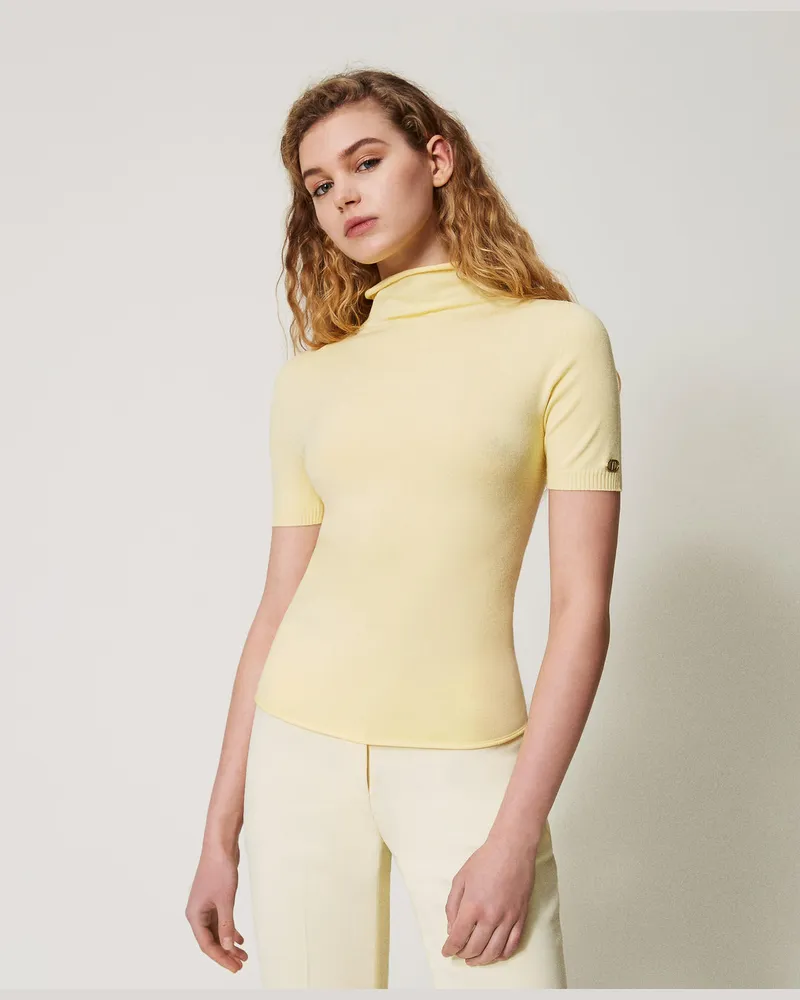 Twin-Set Stehkragenpullover mit Oval T, Vanilla, Größe: XXL 