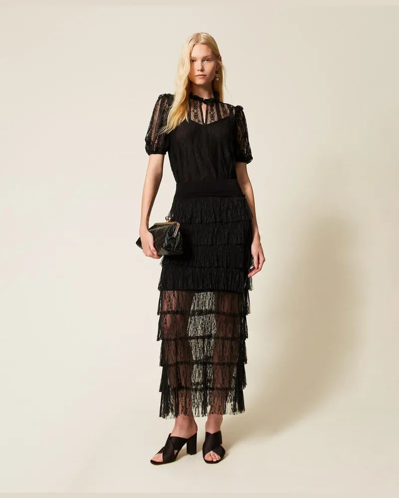 Twin-Set Röcke - Maxirock aus Strick mit Plumetis-Spitze, Schwarz, Größe Schwarz