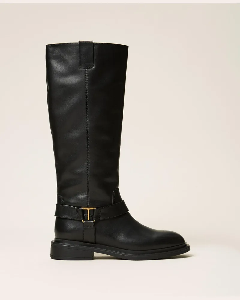 Twin-Set Lederstiefel mit Logo Schwarz
