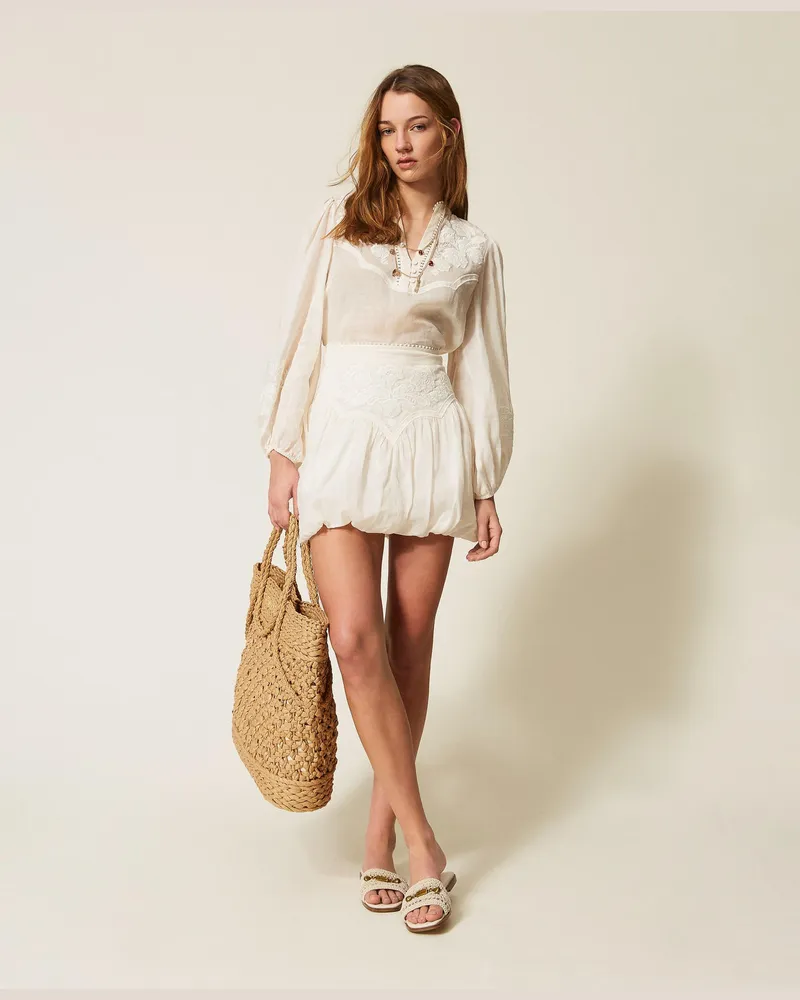 Twin-Set Röcke - Minirock aus Ramie mit Stickerei, Perlmutt, Größe Perlmutt