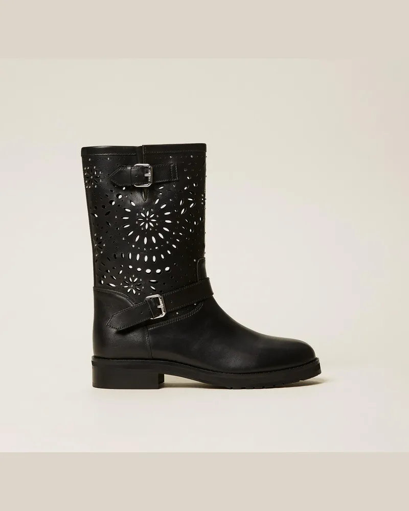 Twin-Set Schuhe - Biker-Boots aus perforiertem Leder, Schwarz, Größe Schwarz