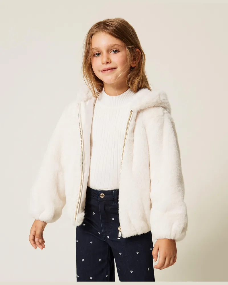 Twin-Set Baby-Bomberjacke aus Kunstpelz mit Reißverschluss, Damen, Weiß Schnee Weiß