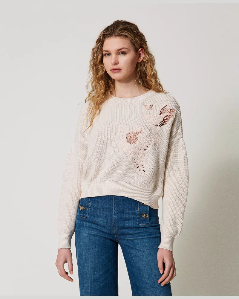 Twin-Set Pullover mit intarsierter Stickerei, Light Natural, Baumwolle, Größe: XXL 