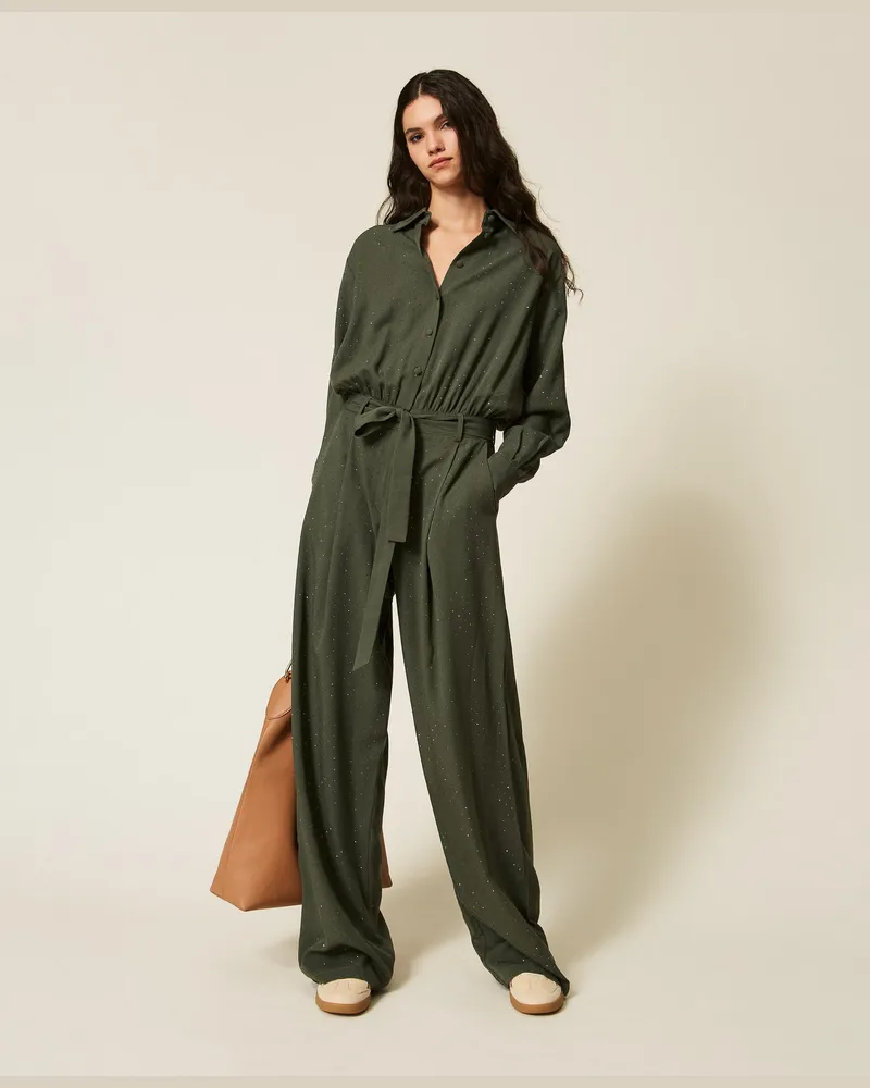 Twin-Set Kleider - Jumpsuit aus Twill mit Nieten, „Thyme"-Grün, Größe „thyme“-grün