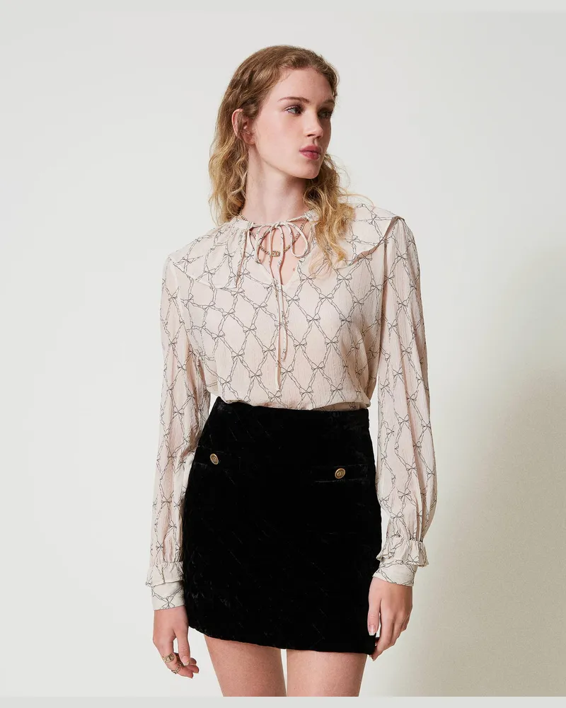 Twin-Set Blusen - Bluse aus Krepon mit Schleifenprint, Flockenprint „White Cream" / Schwarz, Seide, Größe Flockenprint