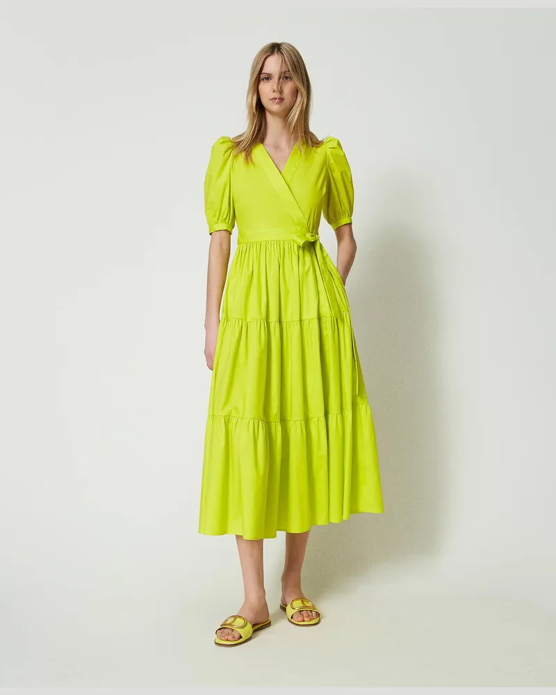 Twin-Set Kleider - Langes Wickelkleid aus Popeline, "Led" Gelb, Baumwolle, Größe Led