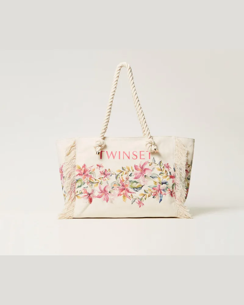Twin-Set Bademode - Shopper aus bedrucktem Canvas, Blumenprint Perlmutt / Multicolor, Einheitsgröße 