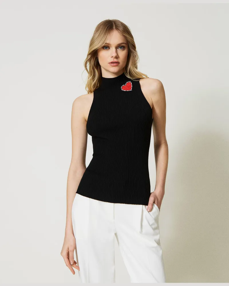 Twin-Set Tops - Gestreiftes Stricktop mit Brosche, Schwarz, Größe Schwarz