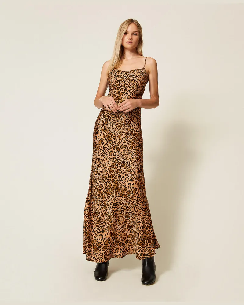 Twin-Set Kleider - Maxikleid aus Jacquard mit Animalprint, Animalprint Coffee / „Land"-Braun, Größe Animalprint