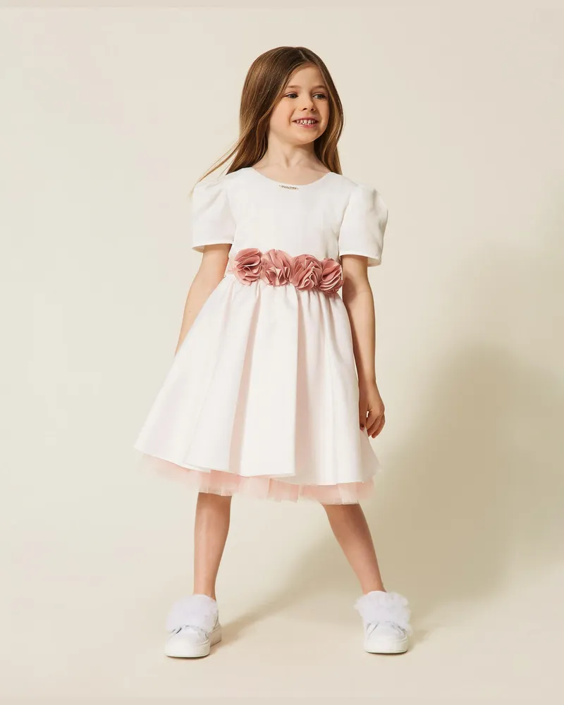 Twin-Set Kleider - Kurzes Babykleid aus Duchesse-Satin und Tüll, Zweifarbig Off White/Pink Dancer, Größe Zweifarbig
