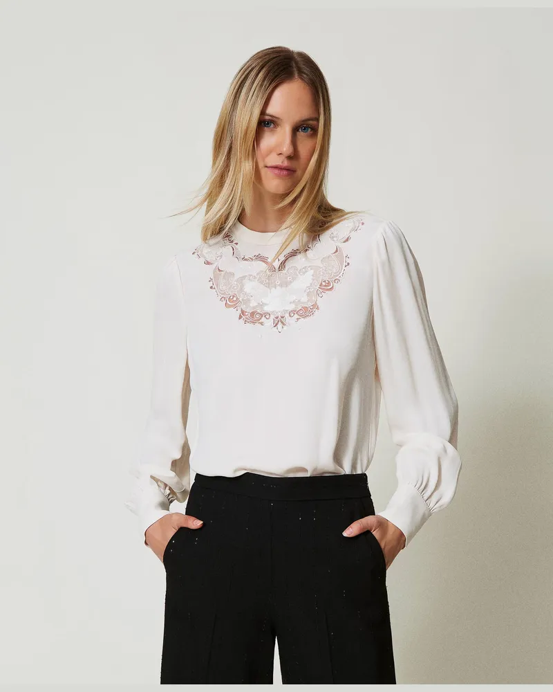 Twin-Set Blusen - Kreppbluse mit floraler Stickerei, „White Cream", Größe „white