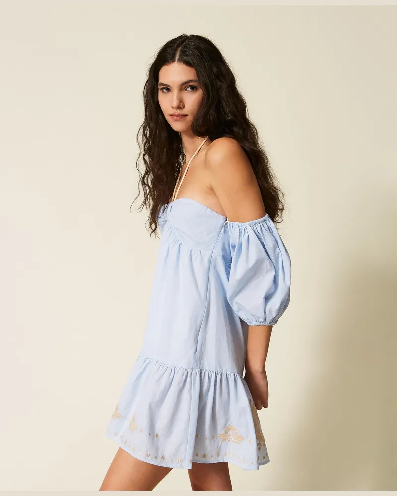 Actitude by Twinset Kleider - Kurzes, gestreiftes Kleid mit Stickerei und Ärmeln, Off White/Light Blue Embroidery Pinstripe, Größe Off
