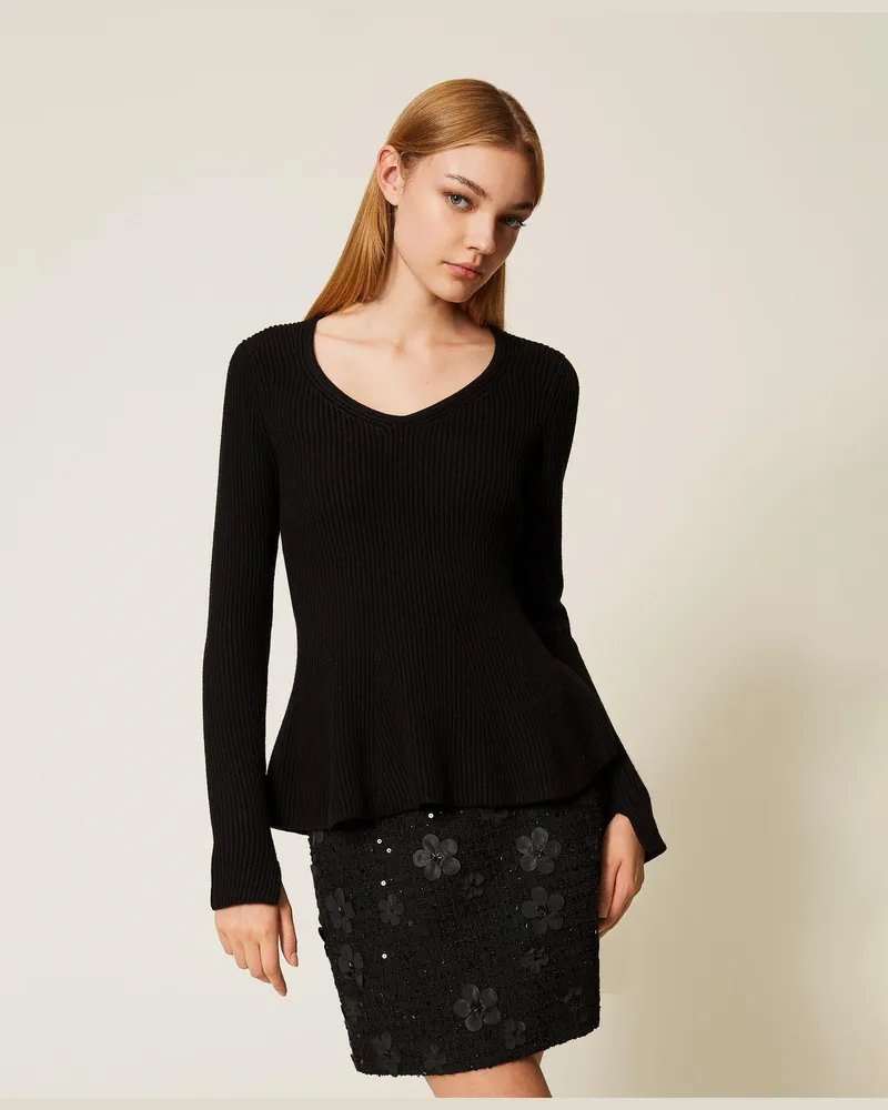 Twin-Set Figurbetonter Pullover mit Rippenmuster, Schwarz, Größe Schwarz