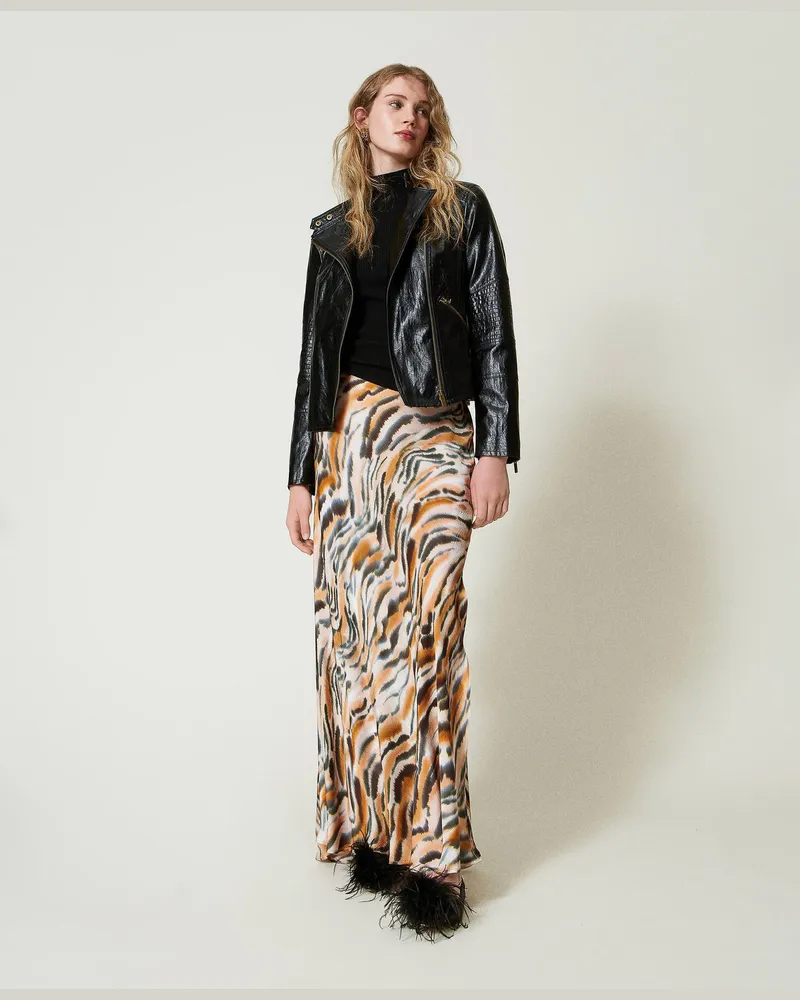 Twin-Set Röcke - Maxirock aus Satin mit Animaldessin, Print Tiger „Tenné"-Orange / Schwarz, Größe: 50 