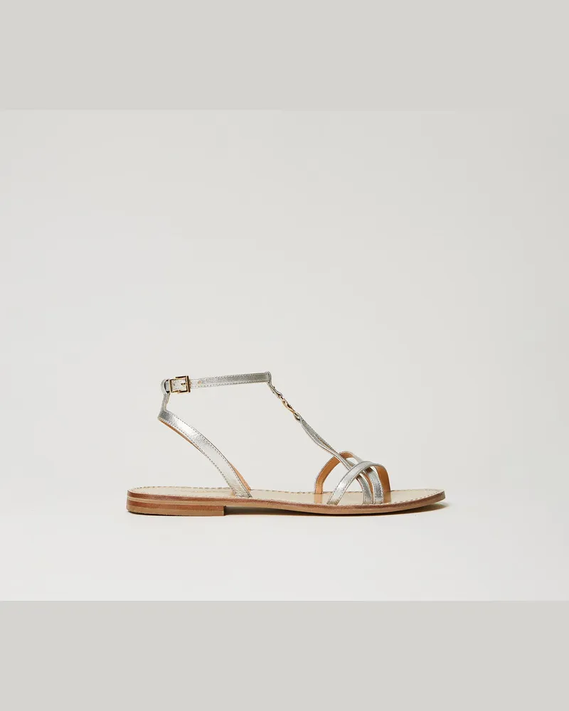 Twin-Set Schuhe - Riemchensandale aus Metallic-Leder, Silber, Größe Silber