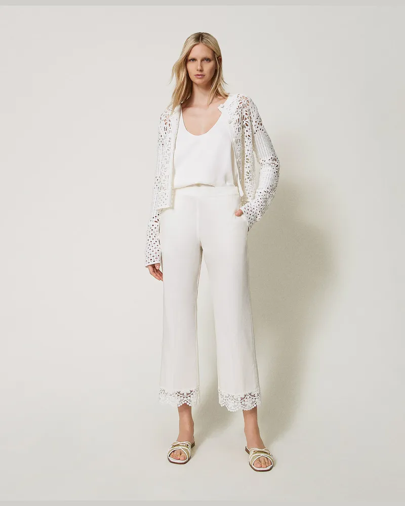 Twin-Set Hosen - Cropped-Hose aus Popeline mit Spitze, Weiß Schnee, Größe Weiß