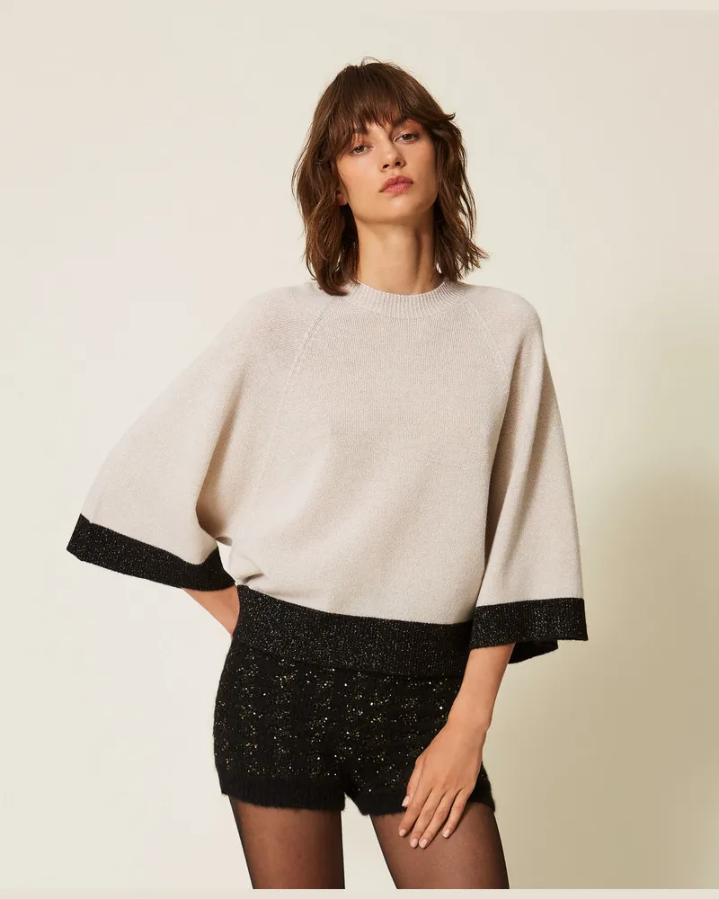 Twin-Set Cropped-Pullover aus Wolle und Kaschmir mit Lurex Parchment-gold