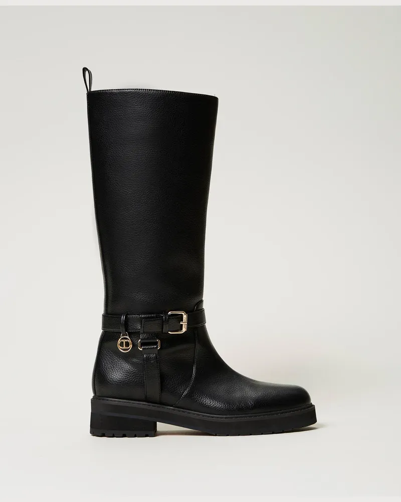 Twin-Set Schuhe - Bikerstiefel aus Leder mit Oval T, Schwarz, Größe Schwarz