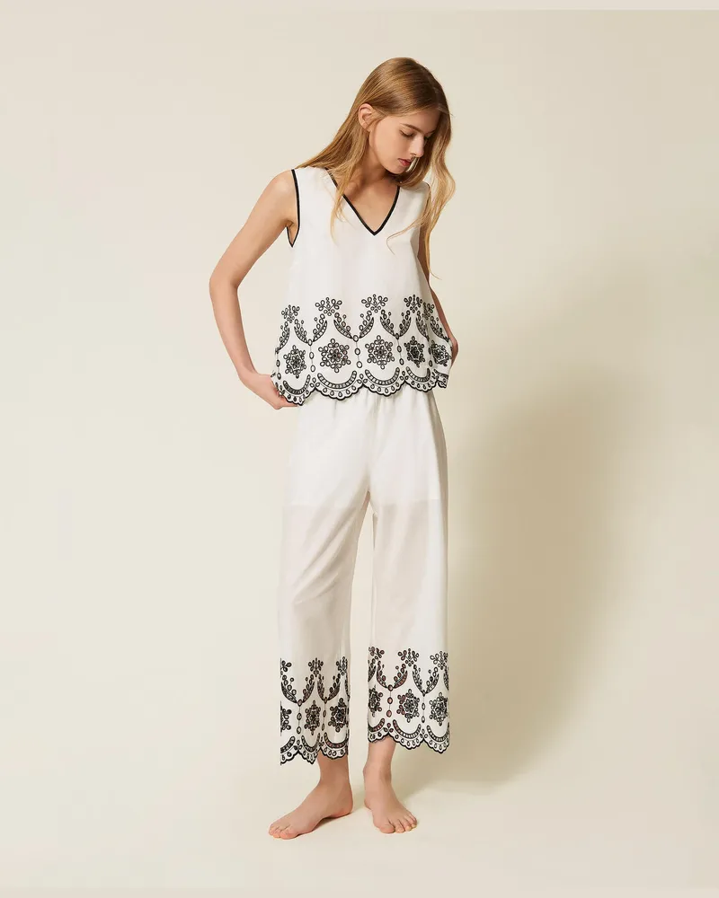 Twin-Set Unterwäsche - Kurzpyjama mit Stickerei, Off White/Schwarz, Baumwolle, Größe Off