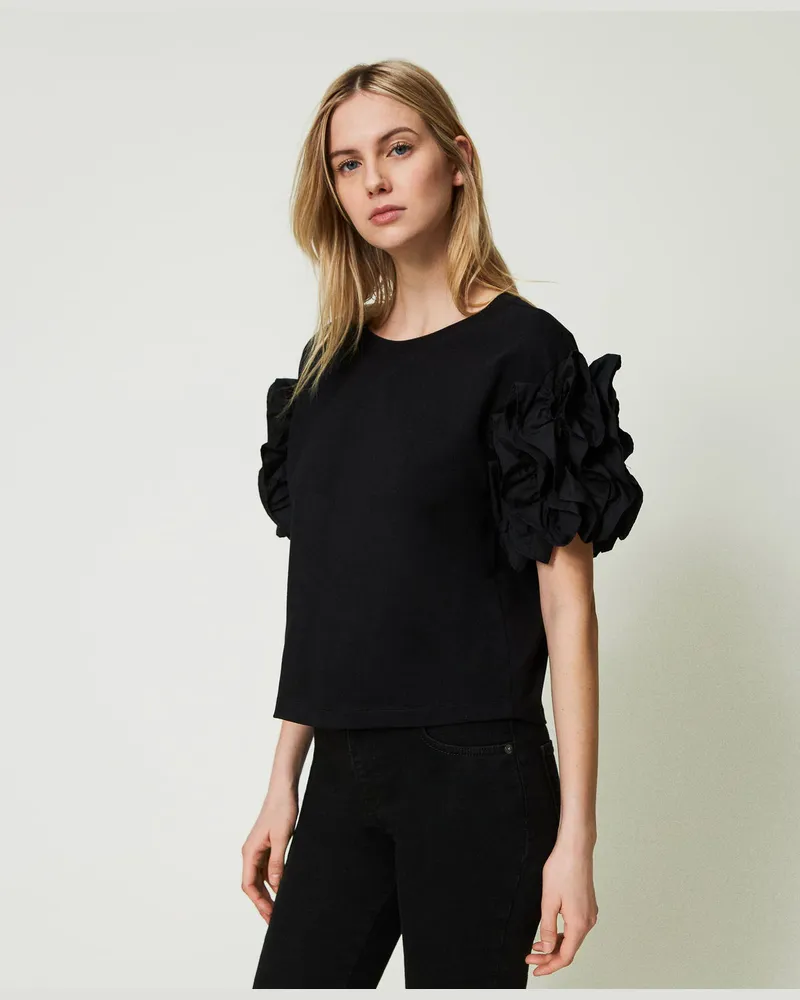 Actitude by Twinset T-Shirts - T-Shirt mit Popelinevolants, Schwarz, Baumwolle, Größe: XS 