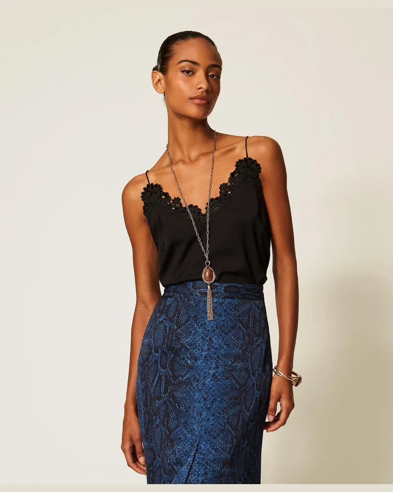 Twin-Set Top aus Satin mit Stickerei Schwarz