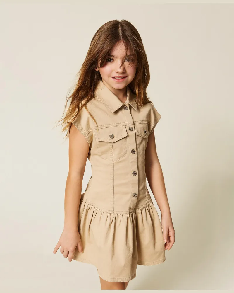 Twin-Set Kleider - Kurzes Hemdblusenkleid aus Bull-Denim, Safaribeige, Baumwolle, Größe Safaribeige