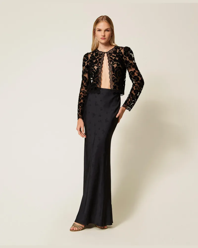 Twin-Set Röcke - Langer Rock aus Jacquard-Satin, Schwarz, Größe Schwarz