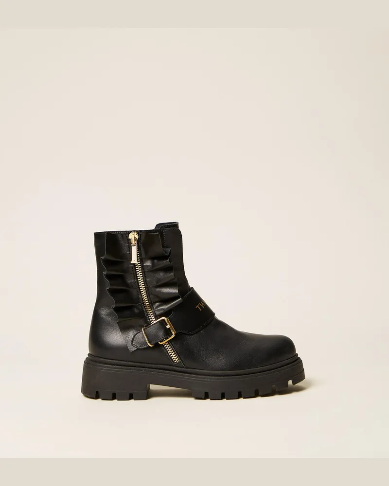 Twin-Set Schnürstiefelette aus Leder mit Volants Schwarz