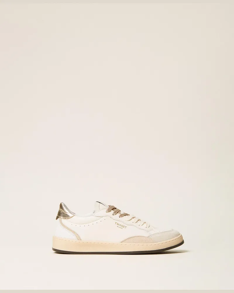 Twin-Set Ledersneaker mit Logo und Metallic-Details, Damen, Zweifarbig Off White / Gold Zweifarbig