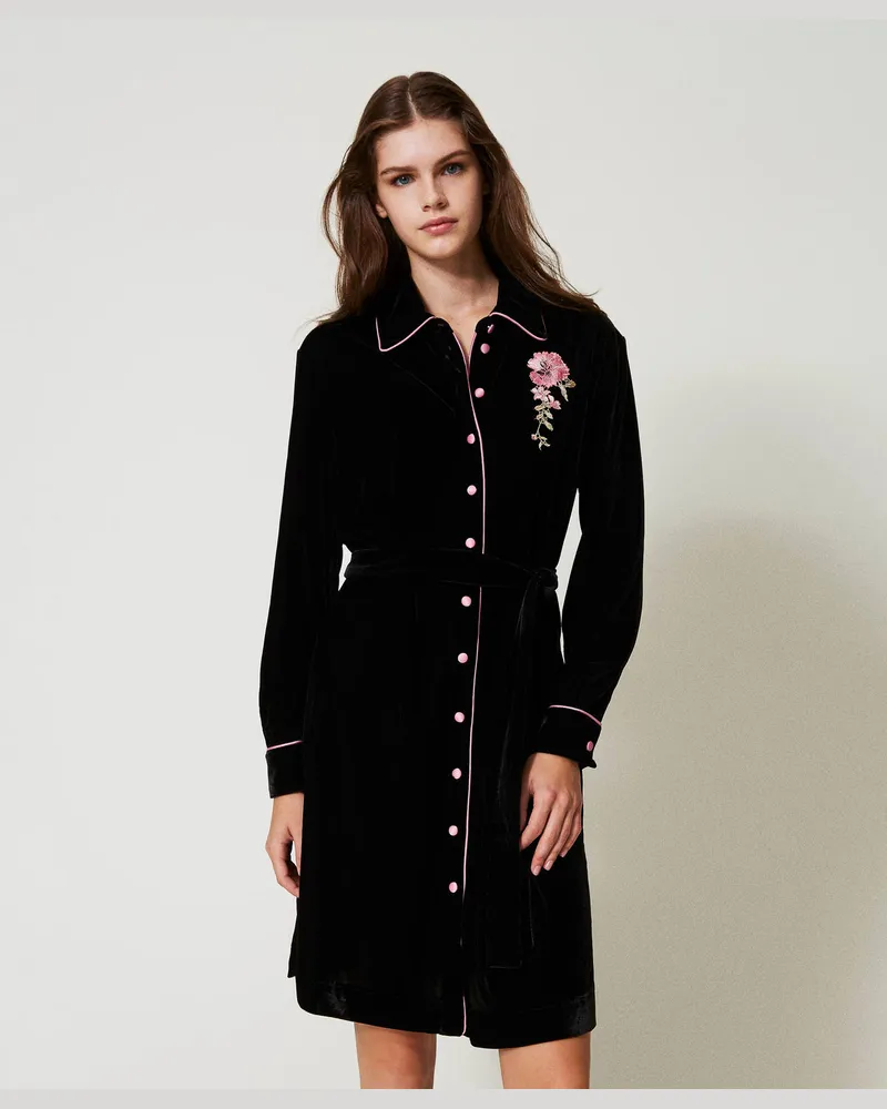 Twin-Set Unterwäsche - Nachthemd aus Samt mit Stickerei, Schwarz, Größe: XS 