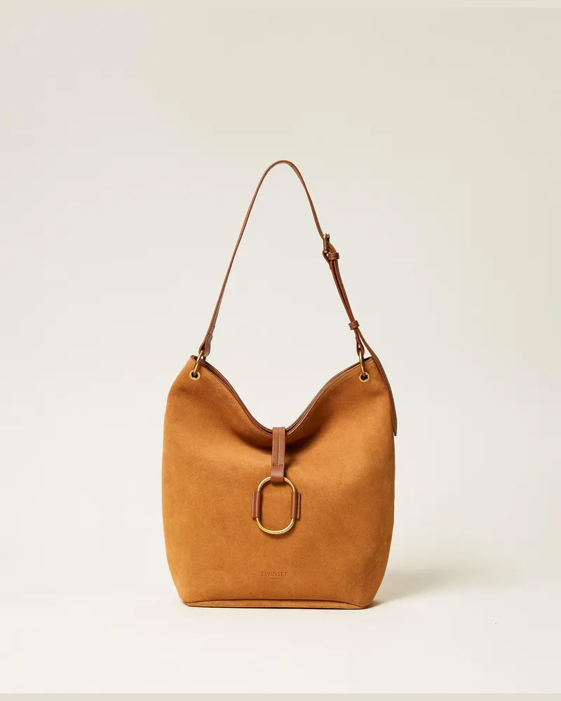 Twin-Set Hobo-Tasche aus Veloursleder, Damen, "Bubinga Wood"-Braun Bubinga