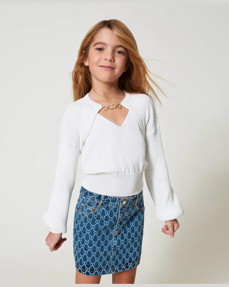 Twin-Set Tops - Top und Schulterwärmer mit Ziertrense, "Ice"-Weiß, Größe: 16A 