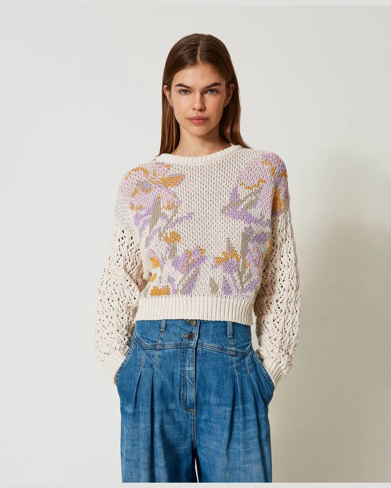 Twin-Set Jacquardpullover mit Blumendessin, Flowers-Jacquard, schneeweiß, Größe Flowers-jacquard
