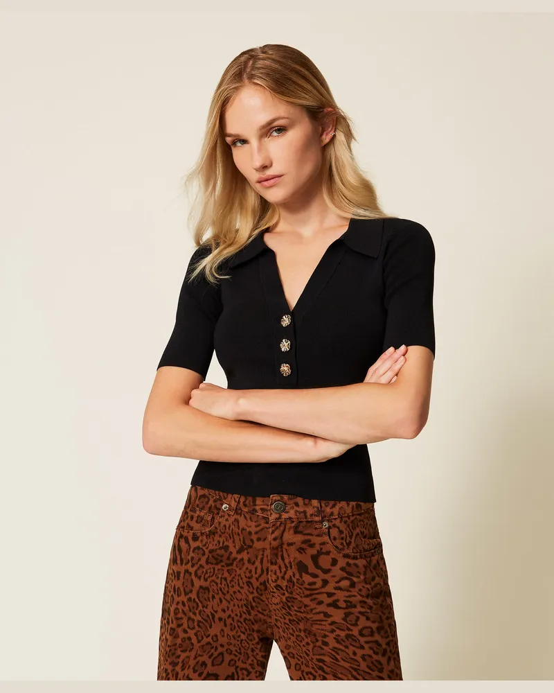 Twin-Set Pullover im Polostil mit Schmuckknöpfen, Schwarz, Größe Schwarz