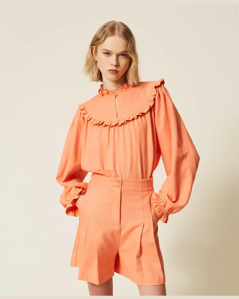 Twin-Set Hosen - Shorts aus Leinenmischung mit Falten, Peach Amber, Größe Peach