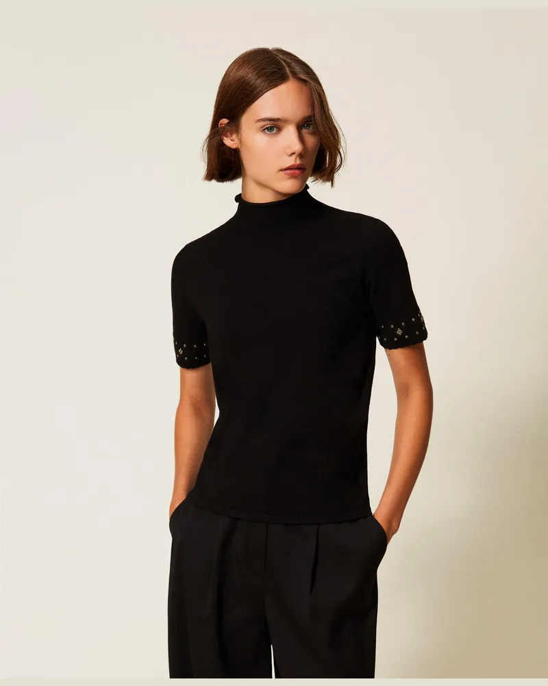 Twin-Set Rollkragenpullover mit Strass, Schwarz, Größe: XXL 