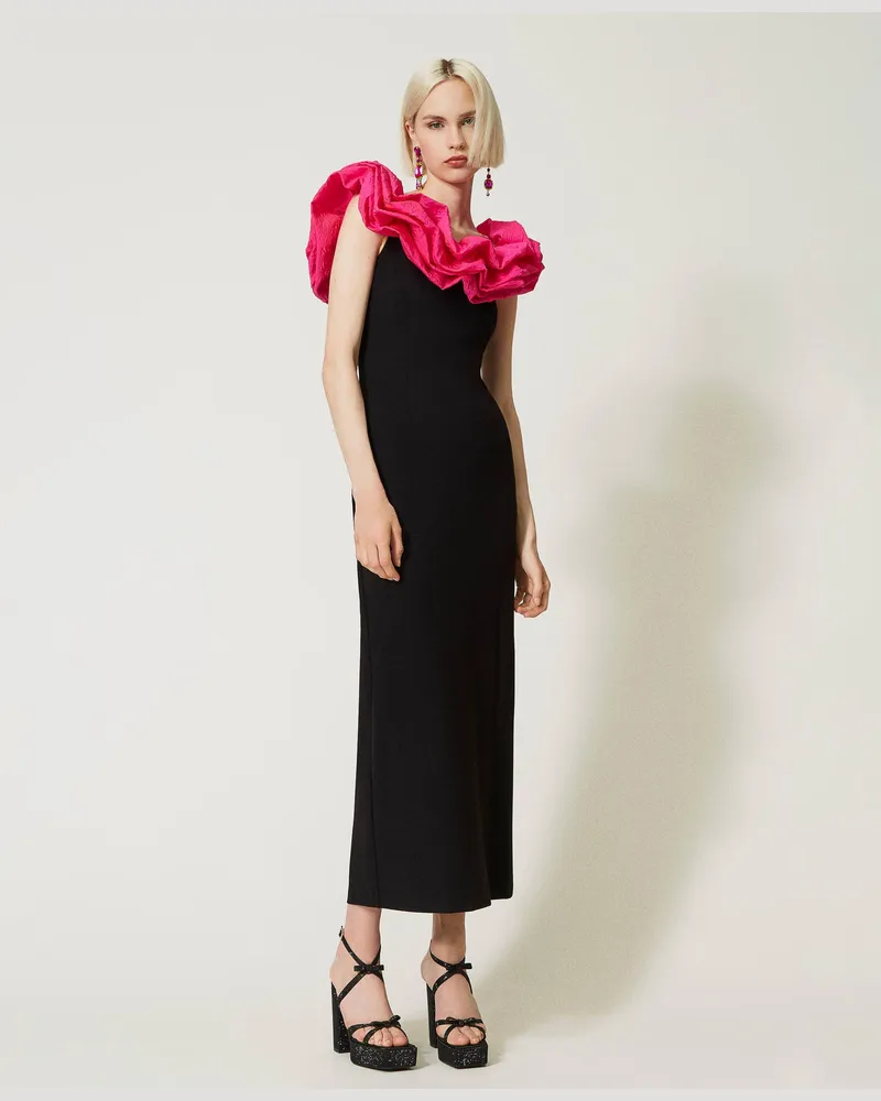 Actitude by Twinset Kleider - Maxikleid mit Rüschen aus geprägtem Taft, Zweifarbig Schwarz / Dahlienfuchsia, Größe Zweifarbig