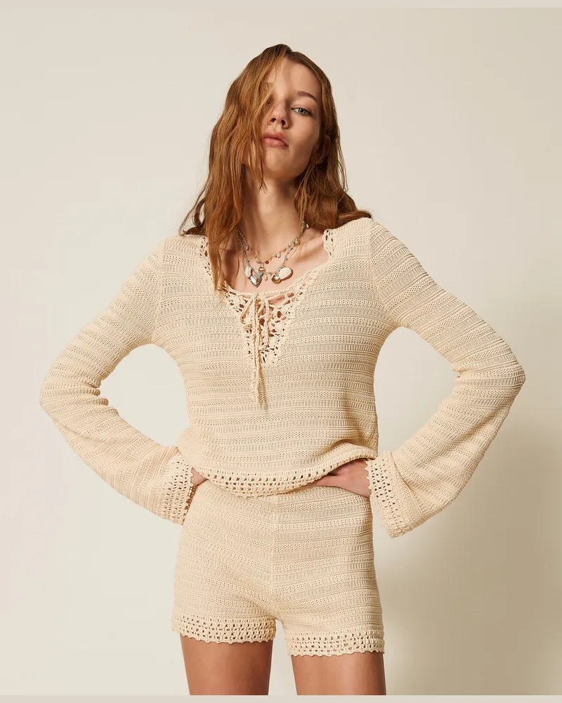 Twin-Set Hosen - Strickshorts mit Häkeleinsatz, „Parchment"-Beige, Größe „parchment“-beige
