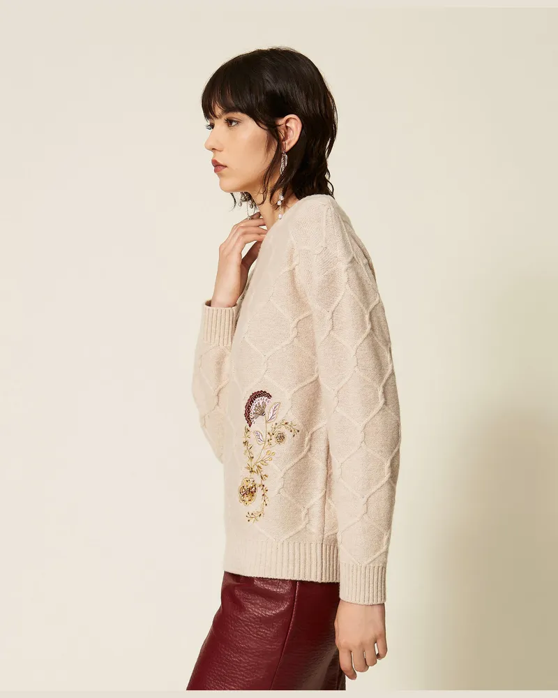 Actitude by Twinset Pullover mit Rundhalsausschnitt aus Wolle mit floralem Stickmotiv Meliertes