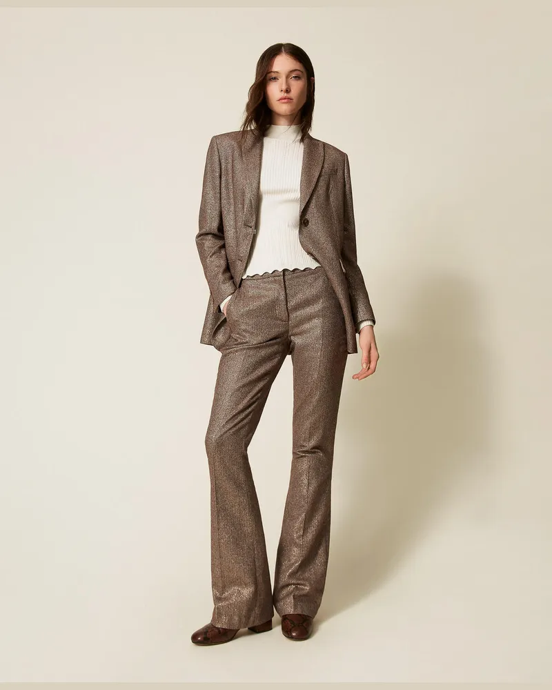 Twin-Set Hosen - Flare-Hose aus Wollmischgewebe mit Lurex, Fischgrat Brown Lurex Gold, Wolle, Größe Fischgrat