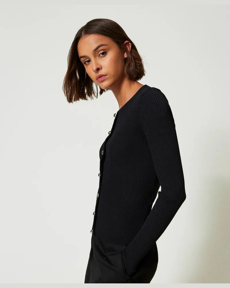 Actitude by Twinset Cardigans - Gerippter Cardigan mit Nieten, Schwarz, Größe: XL 