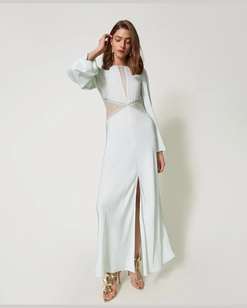 Twin-Set Kleider - Maxikleid aus Satin mit Spitze, Water Green, Größe Water