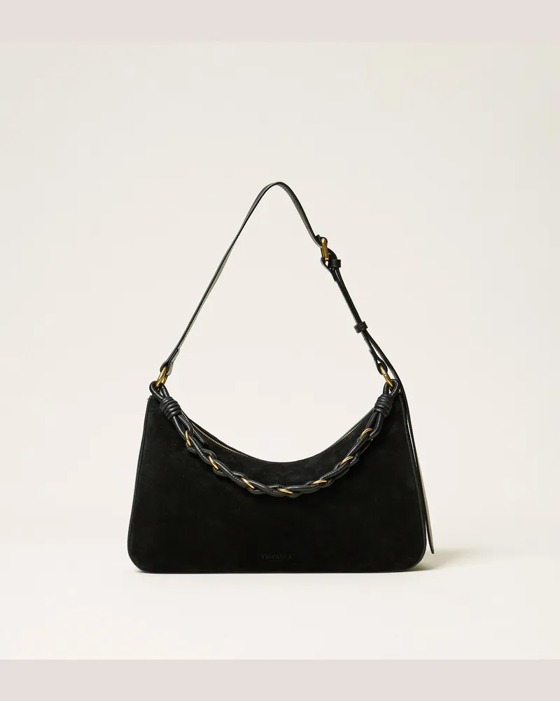 Twin-Set Tasche Liliane aus Rauleder mit Flechtmotiv, Damen, Schwarz Schwarz