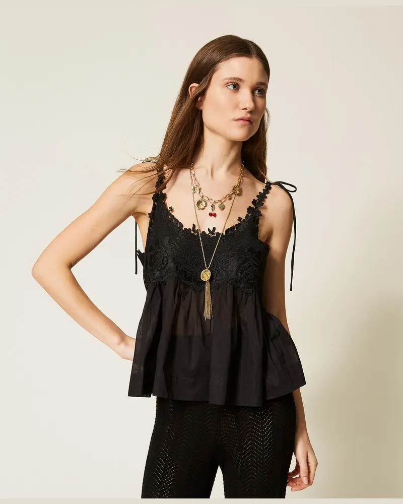 Twin-Set Tops - Top aus Musselin mit Spitze, Schwarz, Größe Schwarz