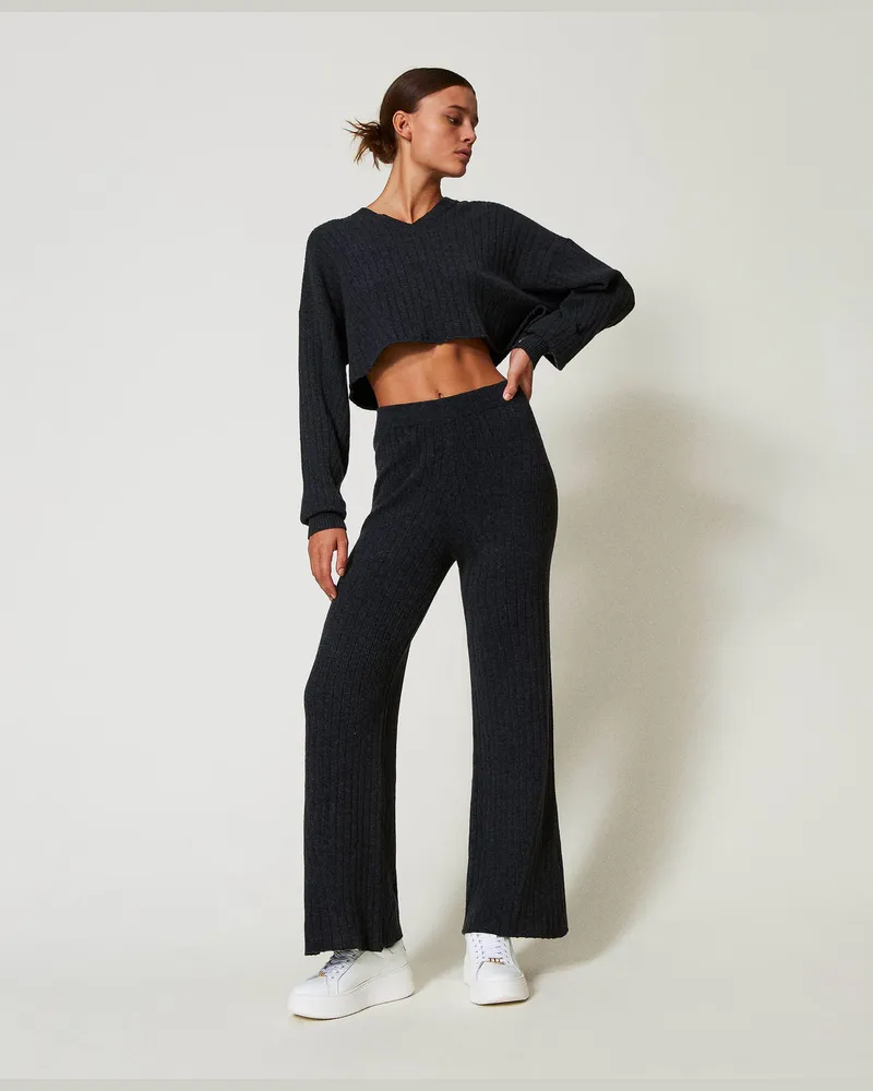 Twin-Set Hosen - Palazzohose aus Gestrick aus Wollmischung, Anthrazitgrau-Melange, Wolle, Größe Anthrazitgrau-melange