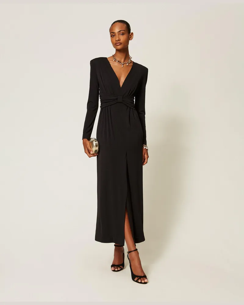 Twin-Set Maxikleid mit Faltenwurf, Damen, Schwarz Schwarz