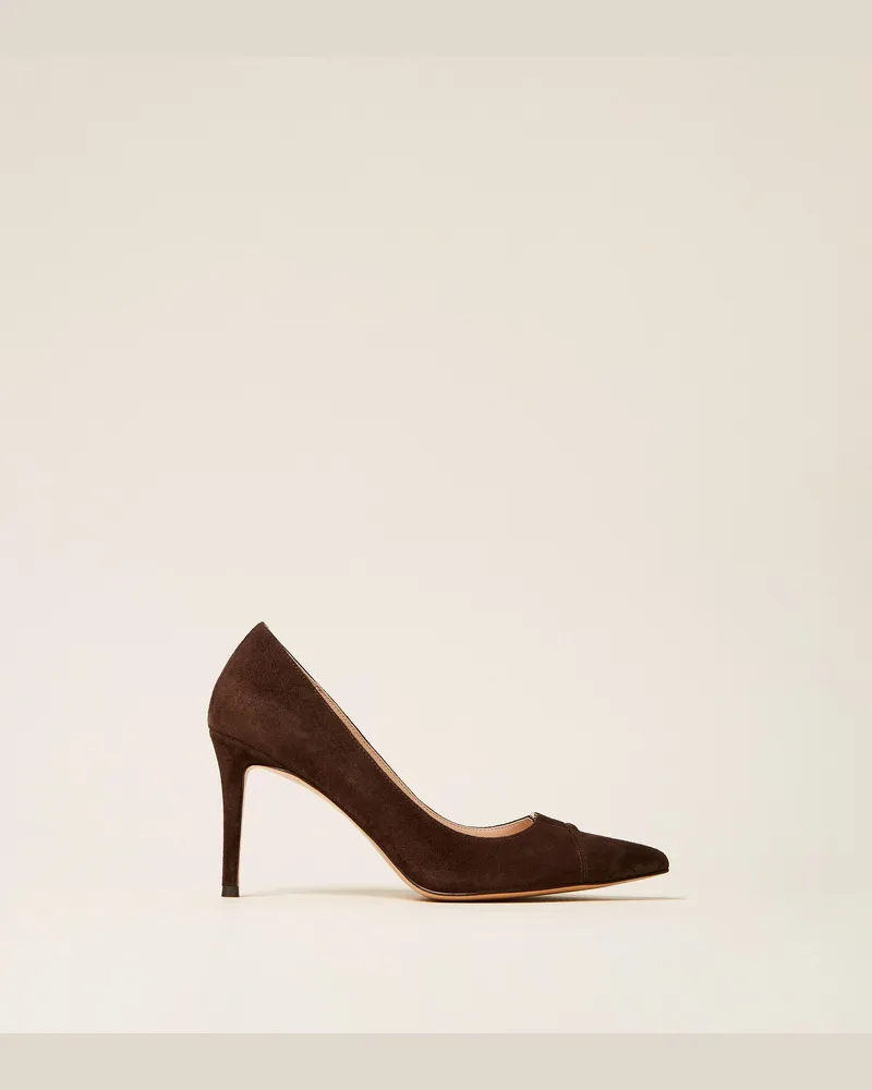Twin-Set Hohe Pumps aus Veloursleder mit Logo, Damen, Darkness Brown Darkness
