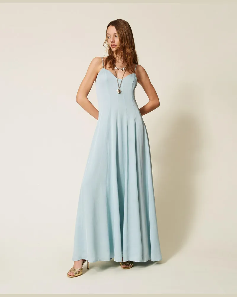 Twin-Set Kleider - Langes Kleid aus Satin, "Dusty Sky"-Hellblau, Größe Dusty