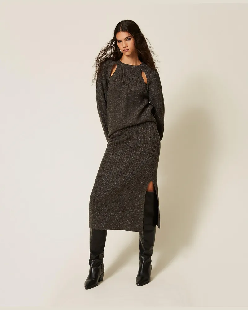 Twin-Set Midi-Strickrock mit Zopfmuster Dunkelgrau